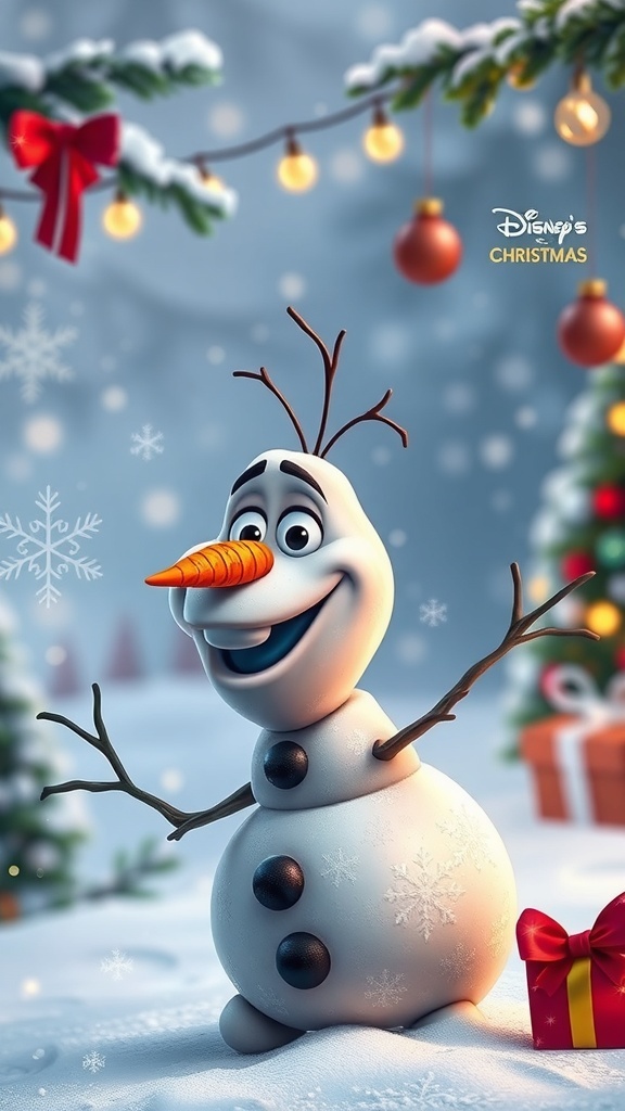 Olaf the snowman in a snowy Christmas scene with festive decorations.